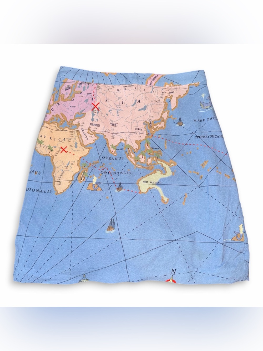 Staud Crepe de Chine SS19 Mini A-Line Skirt Map Print Blue